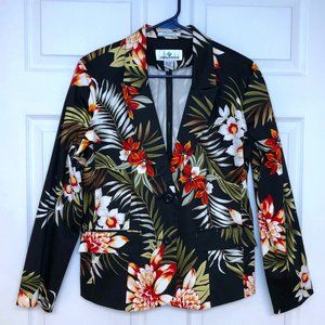 VTG Erin London Black w/Hawaiian Floral Fitted Blazer M